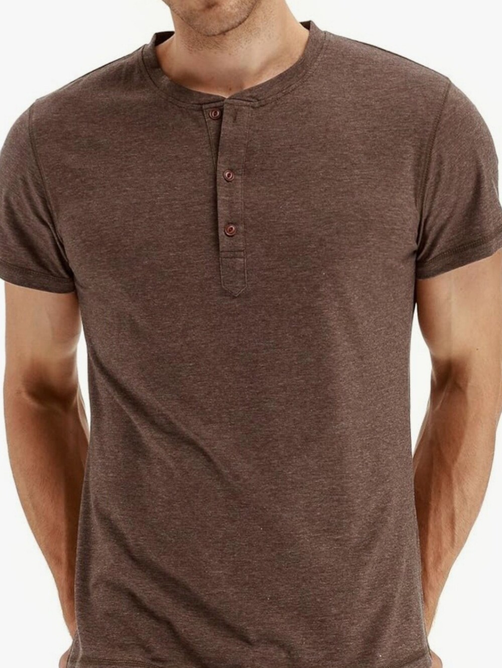 Pegeno Large Men's Brown Henley Short Sleeve Shirt